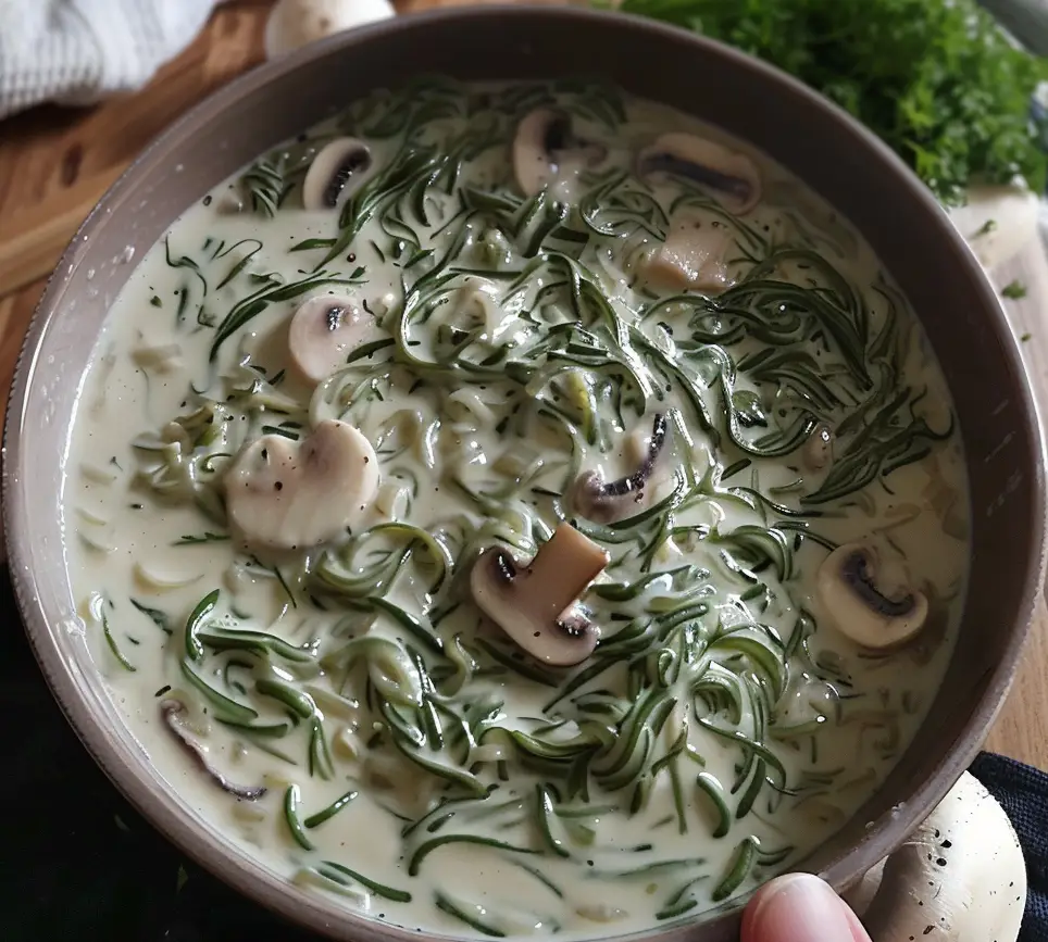 A close-up of a creamy mushroom Seaghetti dish, featuring sautéed mushrooms in a rich white sauce tossed with green kelp keto pasta.