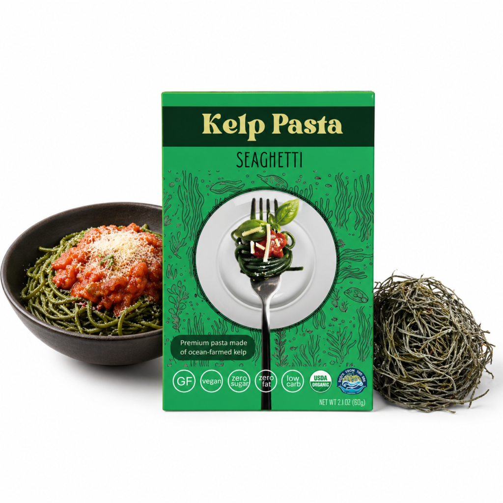 Seaghetti brand 100% sustainable kelp pasta box shown with a bowl of delicious prepared noodles, fresh vegetables, and dried kelp strands.