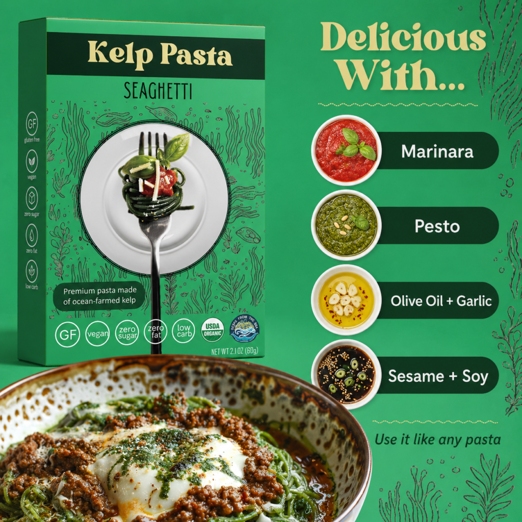 Kelp pasta with delicious pairing ideas for how to eat it. It pairs beautifully with marinara, pesto, olive oil and garlic, mushrooms, seafood, pasta salad, and more.